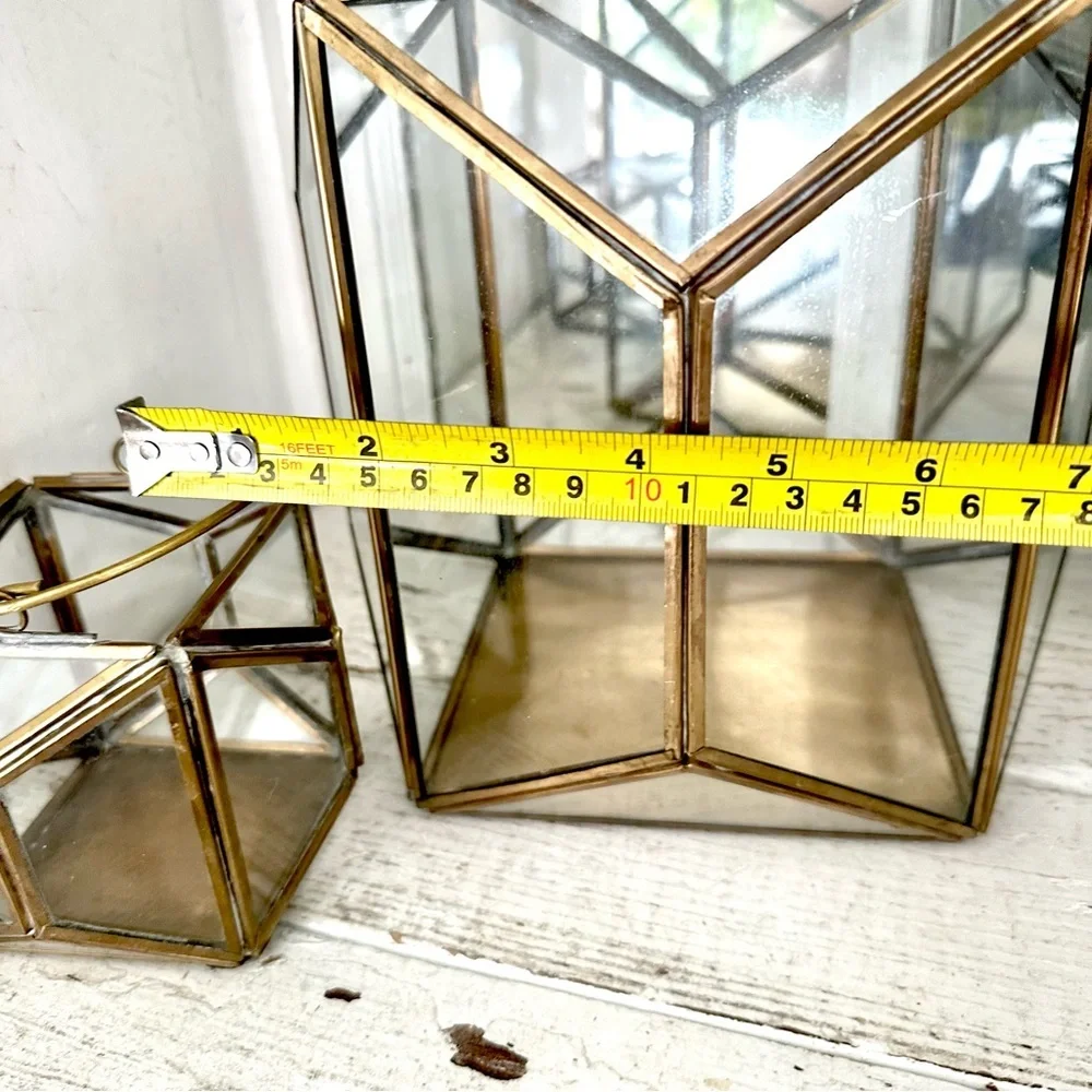 Brass & Glass Terrarium Candleholder Pair Lanterns Geometric Bohemian Decor